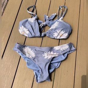 Cute Tie Adjustable Straps Blue / Purple / White Floral Pattern Bikini Two Piece
